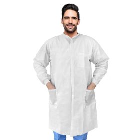 White Disposable Lab Coat. Pack of 10 Splash Proof Disposable Gowns Small. 40 gsm SMS Unisex Surgical Gowns with Long Sleeves; Knit Collar and Cuffs;