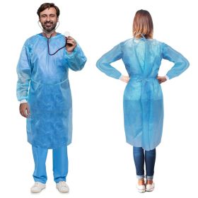 Disposable Gowns. Pack of 10 Blue SMS Gowns Large; 45 gsm Non-Woven Adult Robes with Knit Cuffs; Long Wrap-Around Waist Ties. Splash Resistant Isolati