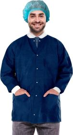 Disposable Lab Jackets 33". Pack of 100 True Blue Hip-Length Work Gowns XX-Large. SMS 50 gsm Shirts with Snaps Front, Knit Cuffs & Collar