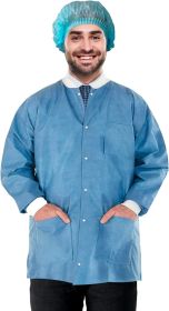 Disposable Lab Jackets; 32 inch Long; Pack of 10 Blue Hip-Length Work Gowns; 50 gsm Shirts with Snaps Front; Knit Cuffs & Collar; 3 Pockets Unisex PPE