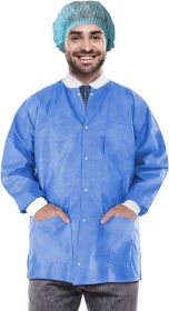Disposable Lab Jackets; 32" Long. Pack of 10 Blue Hip-Length Work Gowns X-Large. SMS 50 gsm Shirts with Snaps Front; Knit Cuffs & Collar; 3 Pockets. U
