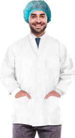 Disposable Lab Jackets; 30" Long. Pack of 10 White Hip-Length Work Gowns Medium. SMS 50 gsm Shirts with Snaps Front; Knit Cuffs & Collar; 3 Pockets. U