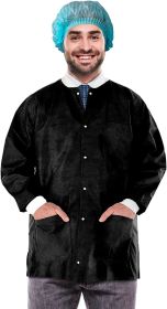 Disposable Lab Jackets; 32" Long. Pack of 10 Black Hip-Length Work Gowns X-Large. SMS 50 gsm Shirts with Snaps Front; Knit Cuffs & Collar; 3 Pockets.
