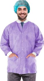 Disposable Lab Jackets; 32" Long. Pack of 10 Purple Hip Length Work Gowns X-Large. SMS 50 gsm Shirts with Snaps Front; Knit Cuffs & Collar; 3 Pockets.
