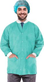 Disposable Lab Jackets; 33" Long. Pack of 10 Teal Hip Length Work Gowns XX-Large. SMS 50 gsm Shirts with Snaps Front; Knit Cuffs & Collar; 3 Pockets.