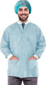 Disposable Lab Jackets; 29" Long. Pack of 10 Sky Blue Hip-Length Work Gowns Small. SMS 50 gsm Shirts with Snaps Front; Knit Cuffs & Collar; 3 Pockets.