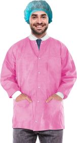 Disposable Lab Jackets; 33" Long. Pack of 10 Pink Hip Length Work Gowns XX-Large. SMS 50 gsm Shirts with Snaps Front; Knit Cuffs & Collar; 3 Pockets.