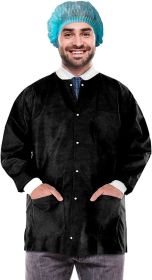 Disposable Lab Jackets; 31" Long. Pack of 10 Black Hip-Length Work Gowns Large. SMS 50 gsm Shirts with Snaps Front; Knit Cuffs & Collar; 3 Pockets. Un