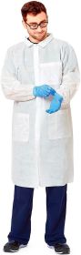 Basic Protection Lab Coats Large. Pack of 10 White Adult Frocks. Disposable Polypropylene Garment. Non-Sterile Cloth-Like Fabric Coats with Pockets an