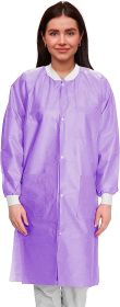 Disposable Lab Coats; 43 inch Long Pack of 10 Purple Work Gowns Medium SMS 50 gsm Protective Clothing with Snaps Front; Knit Cuffs And Collar; 3 Pocke