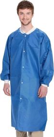 Disposable Lab Coats; 35" Long. Pack of 10 Blue Adult Work Gowns Small. SMS 40 gsm PPE Clothing with Snaps Front; Knit Cuffs & Collar; 3 Pockets. Unis